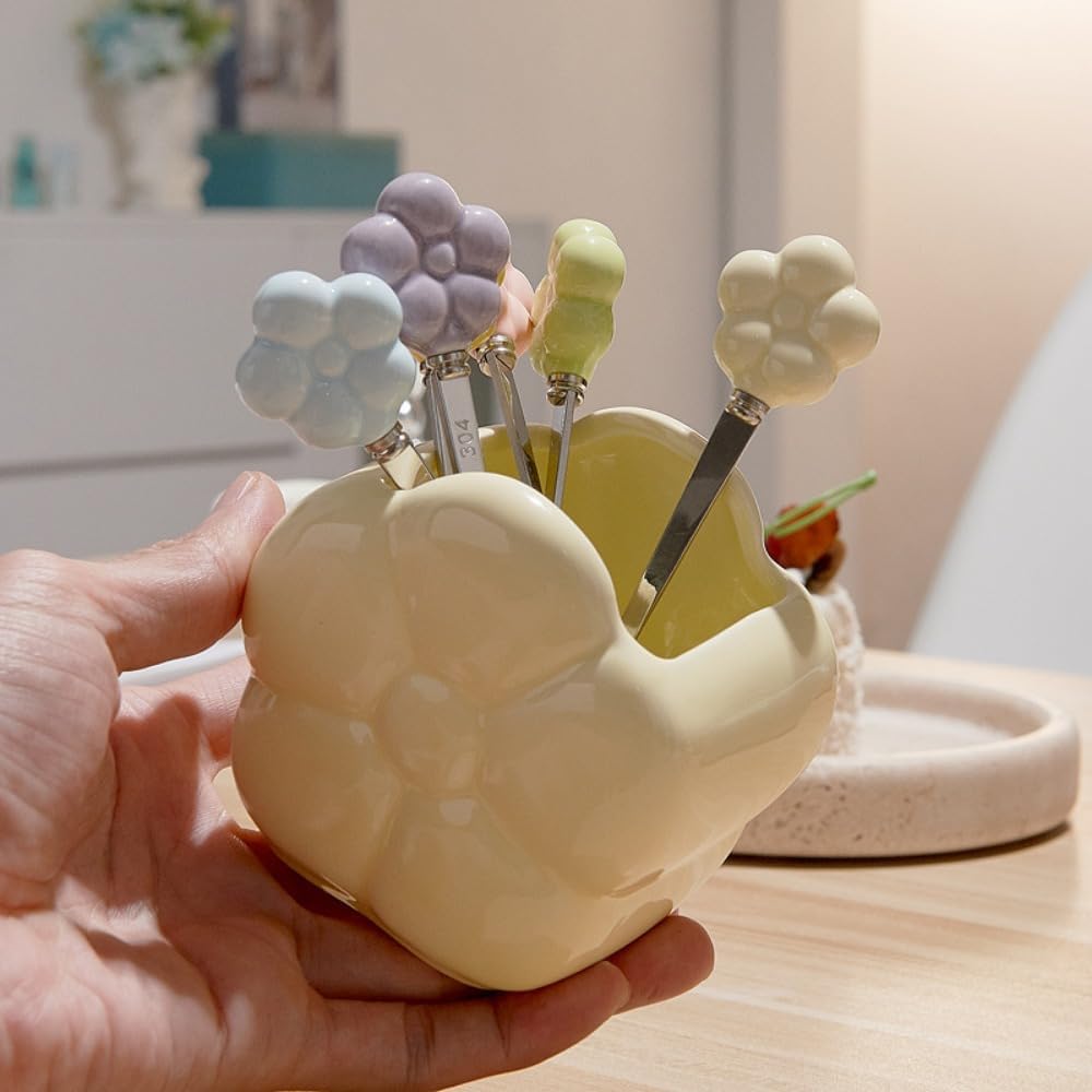 (6 Pieces) Ceramic Storage Jar Stainless Steel Fruit Fork Dessert Spoon Desktop Decoration Set Afternoon Tea Spoon Fork (Cream Yellow,Fork)
