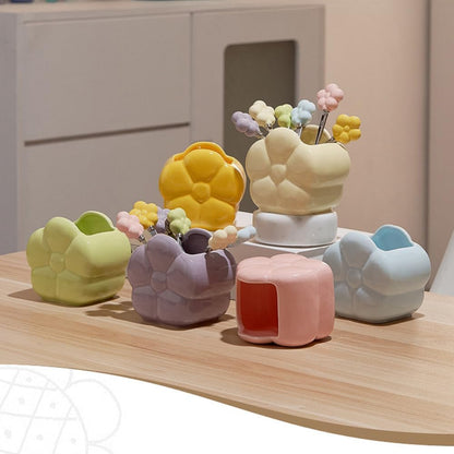 (6 Pieces) Ceramic Storage Jar Stainless Steel Fruit Fork Dessert Spoon Desktop Decoration Set Afternoon Tea Spoon Fork (Cream Yellow,Fork)