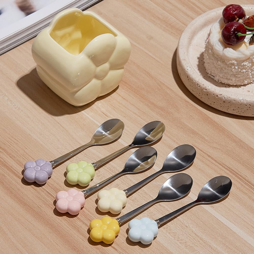 (6 Pieces) Ceramic Storage Jar Stainless Steel Fruit Fork Dessert Spoon Desktop Decoration Set Afternoon Tea Spoon Fork (Cream Yellow,Fork)