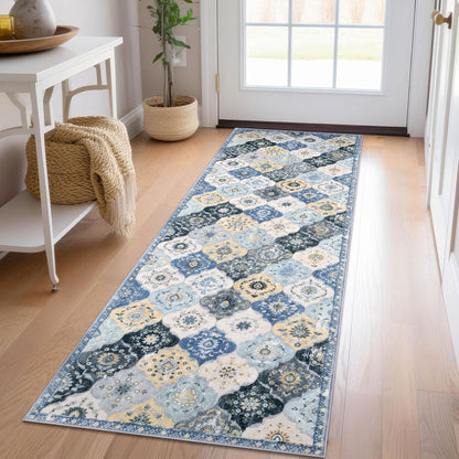 2x6 Runner Rug, Moroccan Super Soft Washable Hallway Entryway Runner Rug, Accent Print Faux Wool Kitchen Runner Rug 6 Feet Non-Slip Boho Rug Runner for Bedroom, Beige Blue/Yellow/Multi
