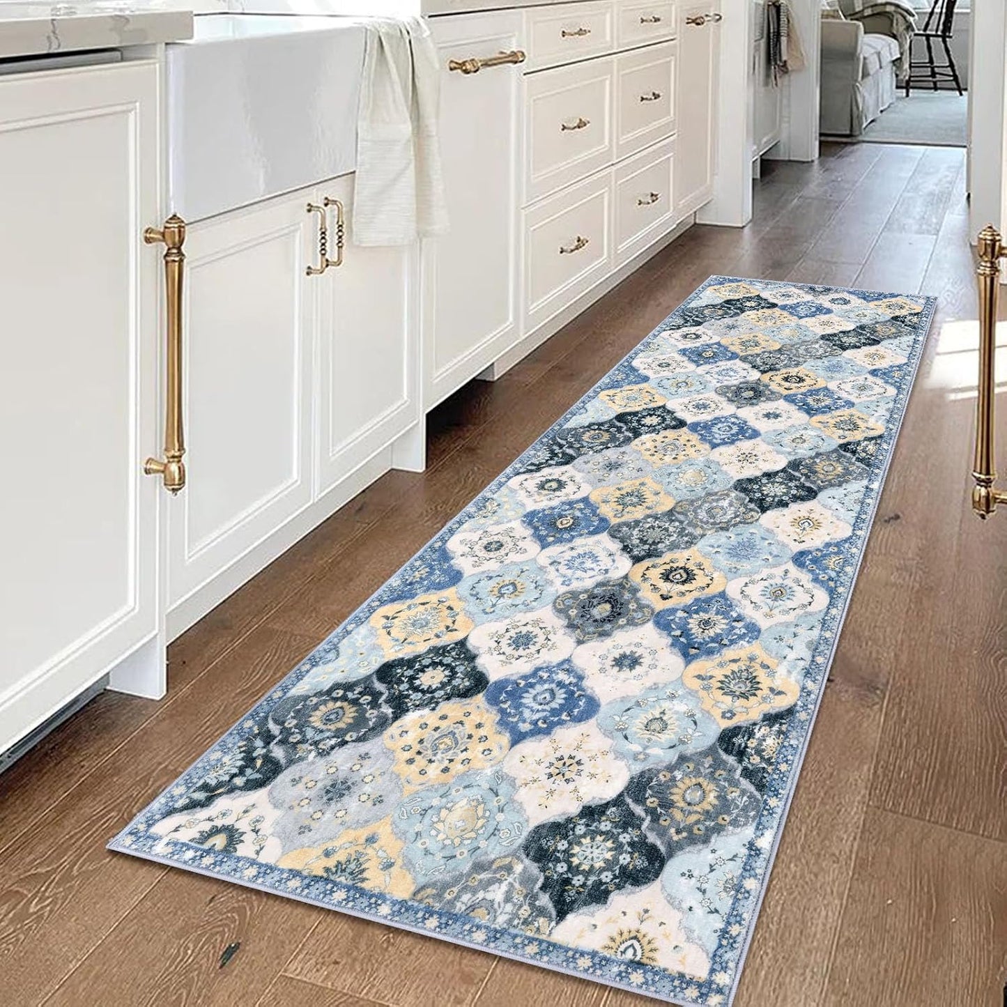 2x6 Runner Rug, Moroccan Super Soft Washable Hallway Entryway Runner Rug, Accent Print Faux Wool Kitchen Runner Rug 6 Feet Non-Slip Boho Rug Runner for Bedroom, Beige Blue/Yellow/Multi