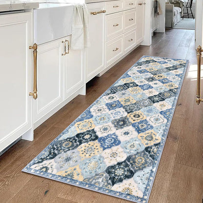2x6 Runner Rug, Moroccan Super Soft Washable Hallway Entryway Runner Rug, Accent Print Faux Wool Kitchen Runner Rug 6 Feet Non-Slip Boho Rug Runner for Bedroom, Beige Blue/Yellow/Multi
