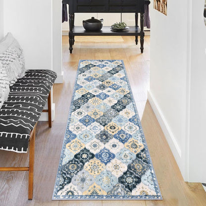 2x6 Runner Rug, Moroccan Super Soft Washable Hallway Entryway Runner Rug, Accent Print Faux Wool Kitchen Runner Rug 6 Feet Non-Slip Boho Rug Runner for Bedroom, Beige Blue/Yellow/Multi