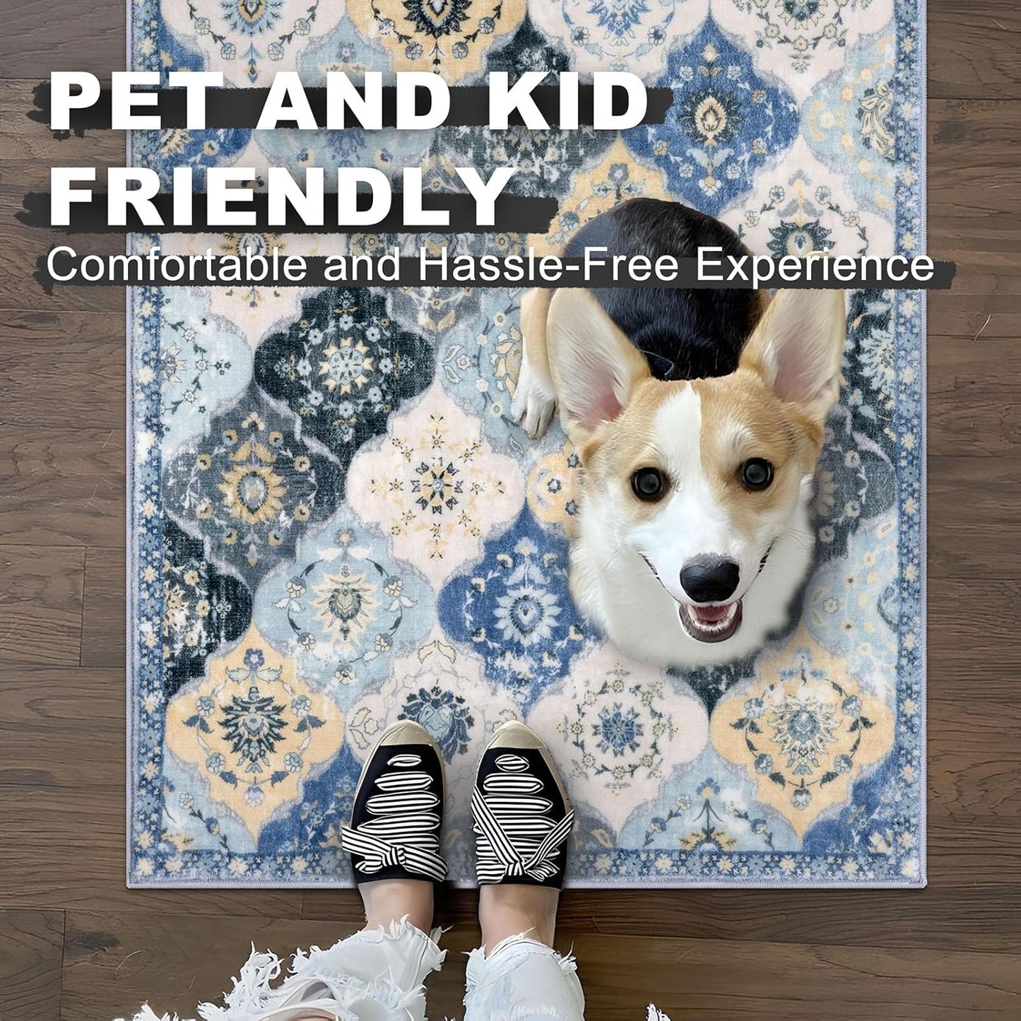 2x6 Runner Rug, Moroccan Super Soft Washable Hallway Entryway Runner Rug, Accent Print Faux Wool Kitchen Runner Rug 6 Feet Non-Slip Boho Rug Runner for Bedroom, Beige Blue/Yellow/Multi