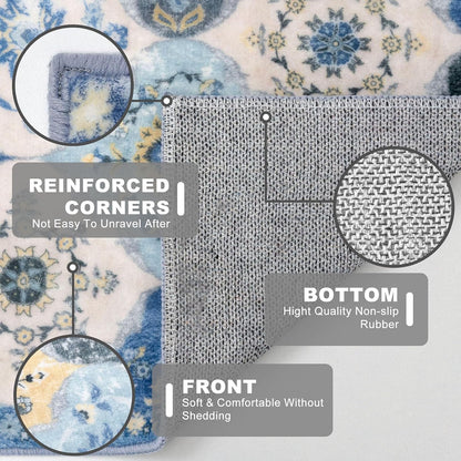 2x6 Runner Rug, Moroccan Super Soft Washable Hallway Entryway Runner Rug, Accent Print Faux Wool Kitchen Runner Rug 6 Feet Non-Slip Boho Rug Runner for Bedroom, Beige Blue/Yellow/Multi