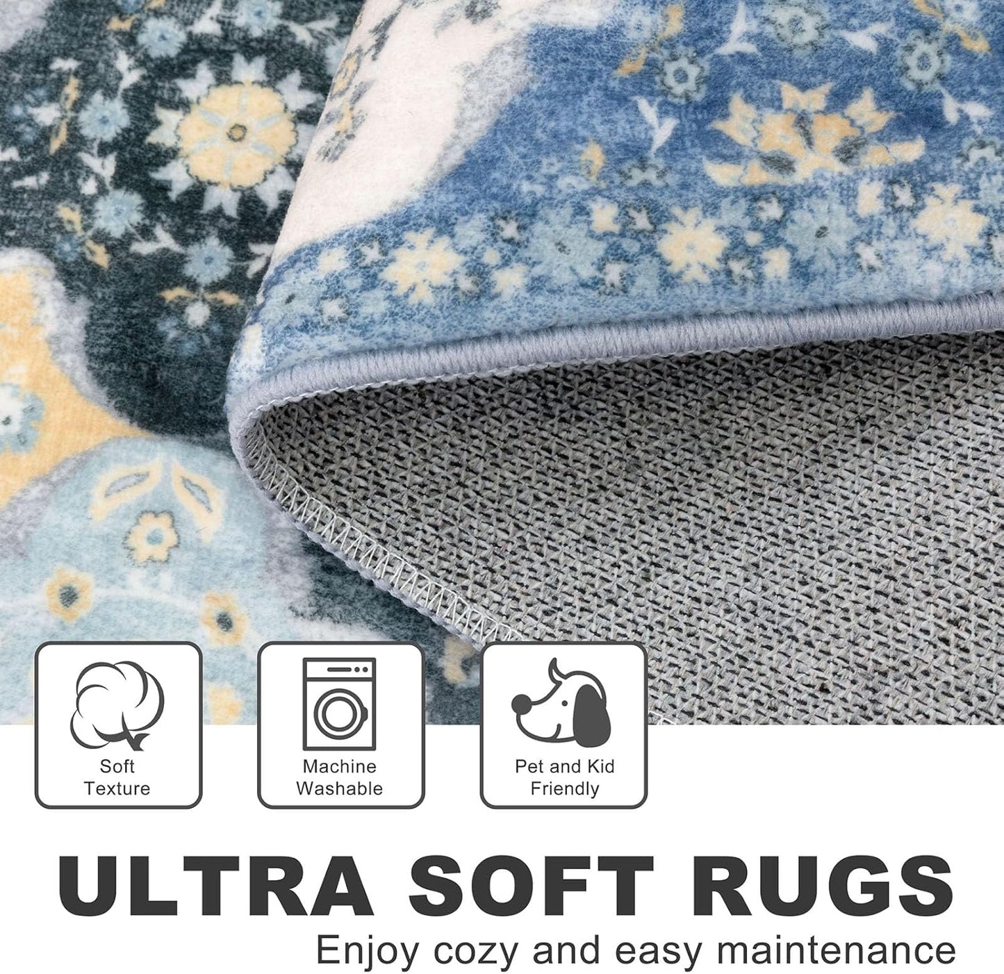2x6 Runner Rug, Moroccan Super Soft Washable Hallway Entryway Runner Rug, Accent Print Faux Wool Kitchen Runner Rug 6 Feet Non-Slip Boho Rug Runner for Bedroom, Beige Blue/Yellow/Multi