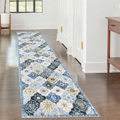 2x6 Runner Rug, Moroccan Super Soft Washable Hallway Entryway Runner Rug, Accent Print Faux Wool Kitchen Runner Rug 6 Feet Non-Slip Boho Rug Runner for Bedroom, Beige Blue/Yellow/Multi