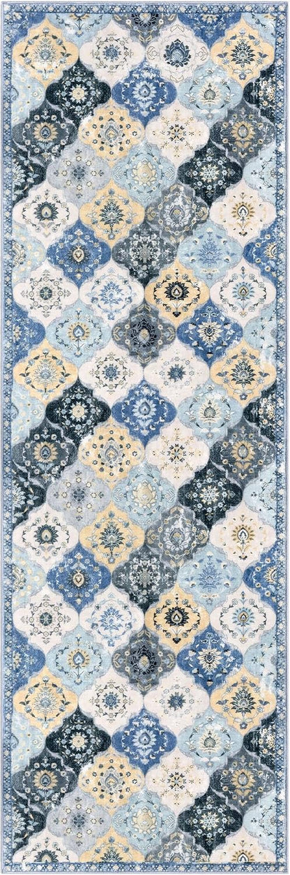 2x6 Runner Rug, Moroccan Super Soft Washable Hallway Entryway Runner Rug, Accent Print Faux Wool Kitchen Runner Rug 6 Feet Non-Slip Boho Rug Runner for Bedroom, Beige Blue/Yellow/Multi