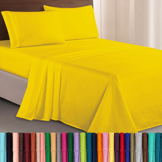 Luxurious 1500 Premium Hotel Quality Microfiber Three Line Embroidered Softest 4-Piece Bed Sheet Set, Wrinkle and Fade Resistant, Queen, Yellow