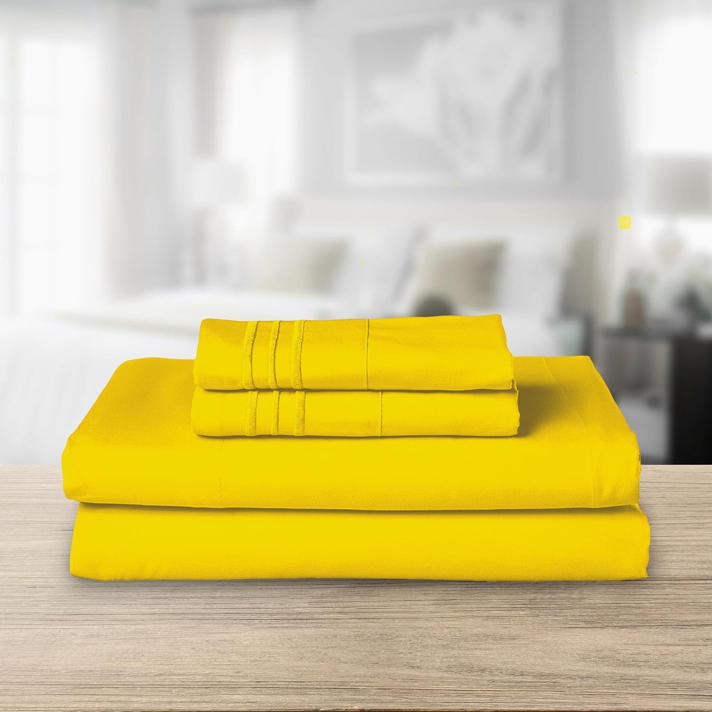 Luxurious 1500 Premium Hotel Quality Microfiber Three Line Embroidered Softest 4-Piece Bed Sheet Set, Wrinkle and Fade Resistant, Queen, Yellow