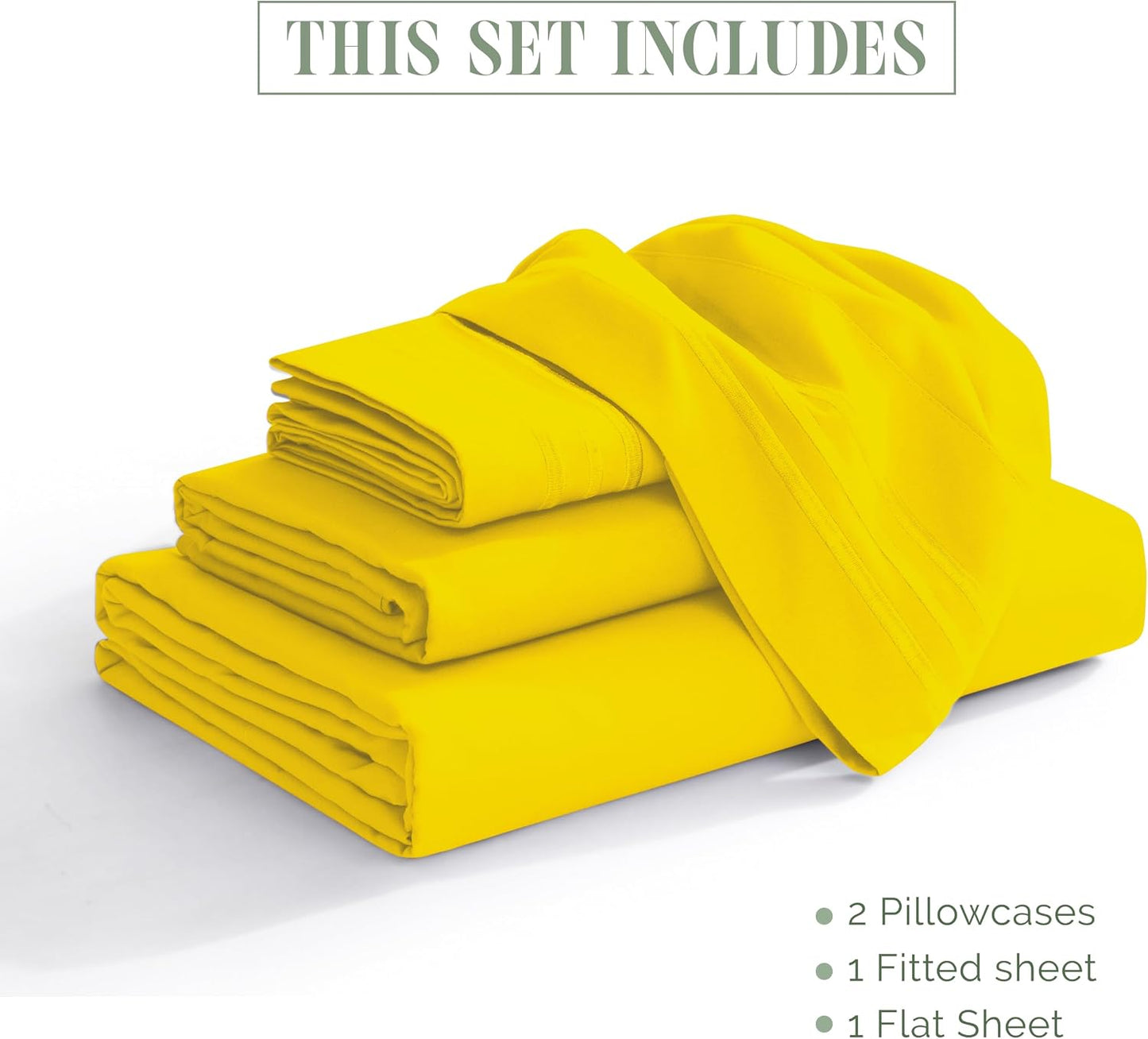 Luxurious 1500 Premium Hotel Quality Microfiber Three Line Embroidered Softest 4-Piece Bed Sheet Set, Wrinkle and Fade Resistant, Queen, Yellow