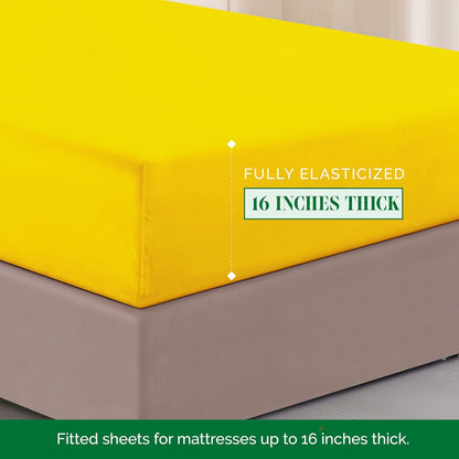 Luxurious 1500 Premium Hotel Quality Microfiber Three Line Embroidered Softest 4-Piece Bed Sheet Set, Wrinkle and Fade Resistant, Queen, Yellow