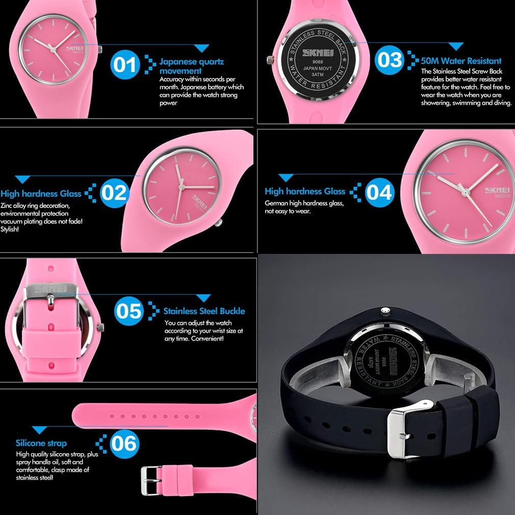 Watches for Young Women Lady Sports Silicone Band Waterproof Fashion Casual Simple Quartz Analog Teens Girls Gift Black Wrist Watch