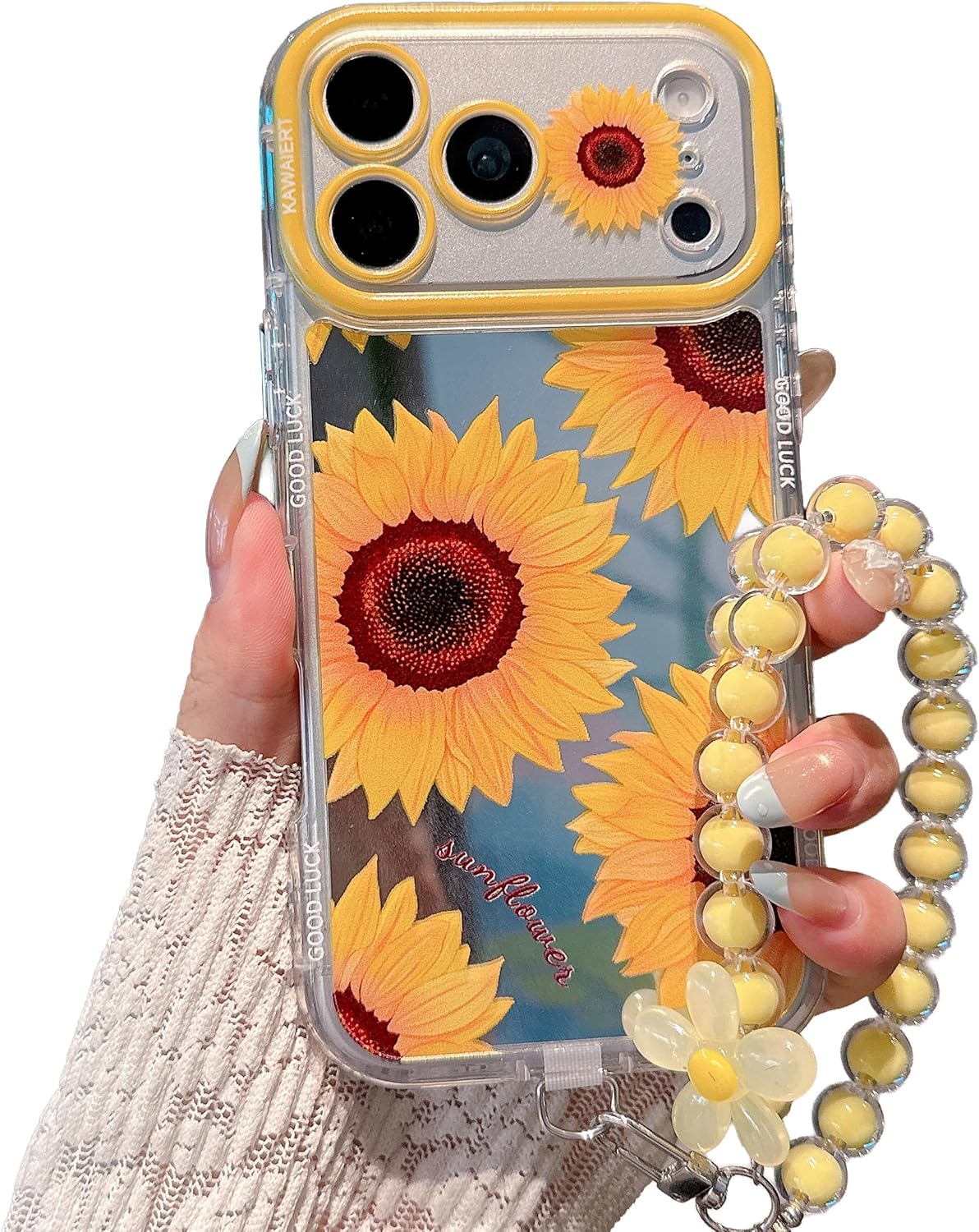 for iPhone 17 Pro Sunflower Floral Mirror Case Lemon Yellow | artistic aesthetics Eco-friendly TPU material, Anti-Scratch Shockproof Protective, For Women Girls, 2-in-1 Beaded Wrist Strap