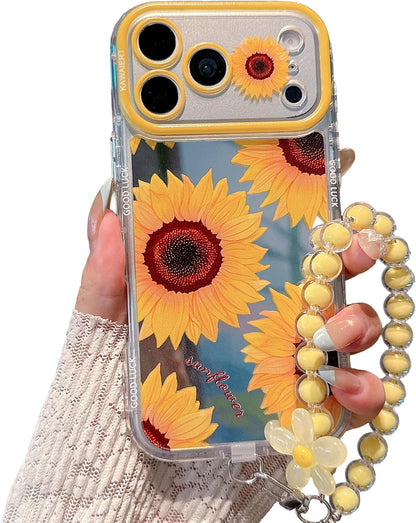 for iPhone 17 Pro Sunflower Floral Mirror Case Lemon Yellow | artistic aesthetics Eco-friendly TPU material, Anti-Scratch Shockproof Protective, For Women Girls, 2-in-1 Beaded Wrist Strap