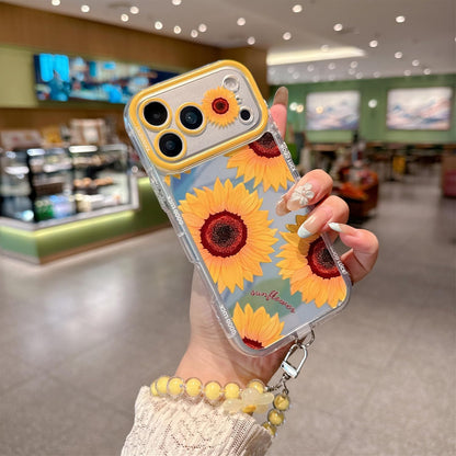 for iPhone 17 Pro Sunflower Floral Mirror Case Lemon Yellow | artistic aesthetics Eco-friendly TPU material, Anti-Scratch Shockproof Protective, For Women Girls, 2-in-1 Beaded Wrist Strap
