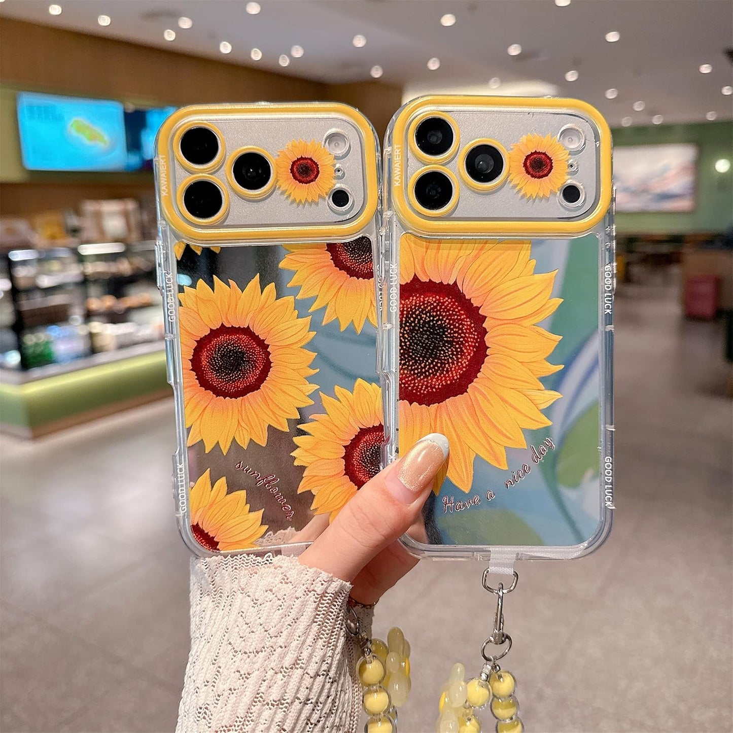 for iPhone 17 Pro Sunflower Floral Mirror Case Lemon Yellow | artistic aesthetics Eco-friendly TPU material, Anti-Scratch Shockproof Protective, For Women Girls, 2-in-1 Beaded Wrist Strap