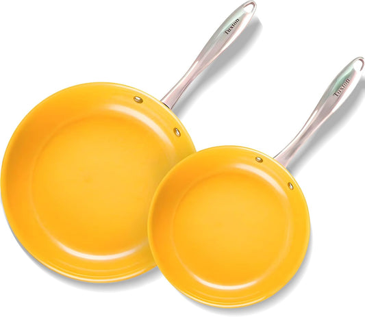 Non Stick Frying Pans - Concentrix 2-Piece Stainless Steel Pan Set - Stove & Oven Compatible 8-inch & 11-inch Ceramic Frying Pan with Riveted Handles - Saffron Yellow Nonstick Pan Set