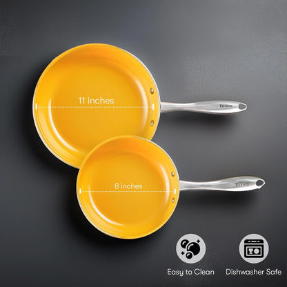 Non Stick Frying Pans - Concentrix 2-Piece Stainless Steel Pan Set - Stove & Oven Compatible 8-inch & 11-inch Ceramic Frying Pan with Riveted Handles - Saffron Yellow Nonstick Pan Set