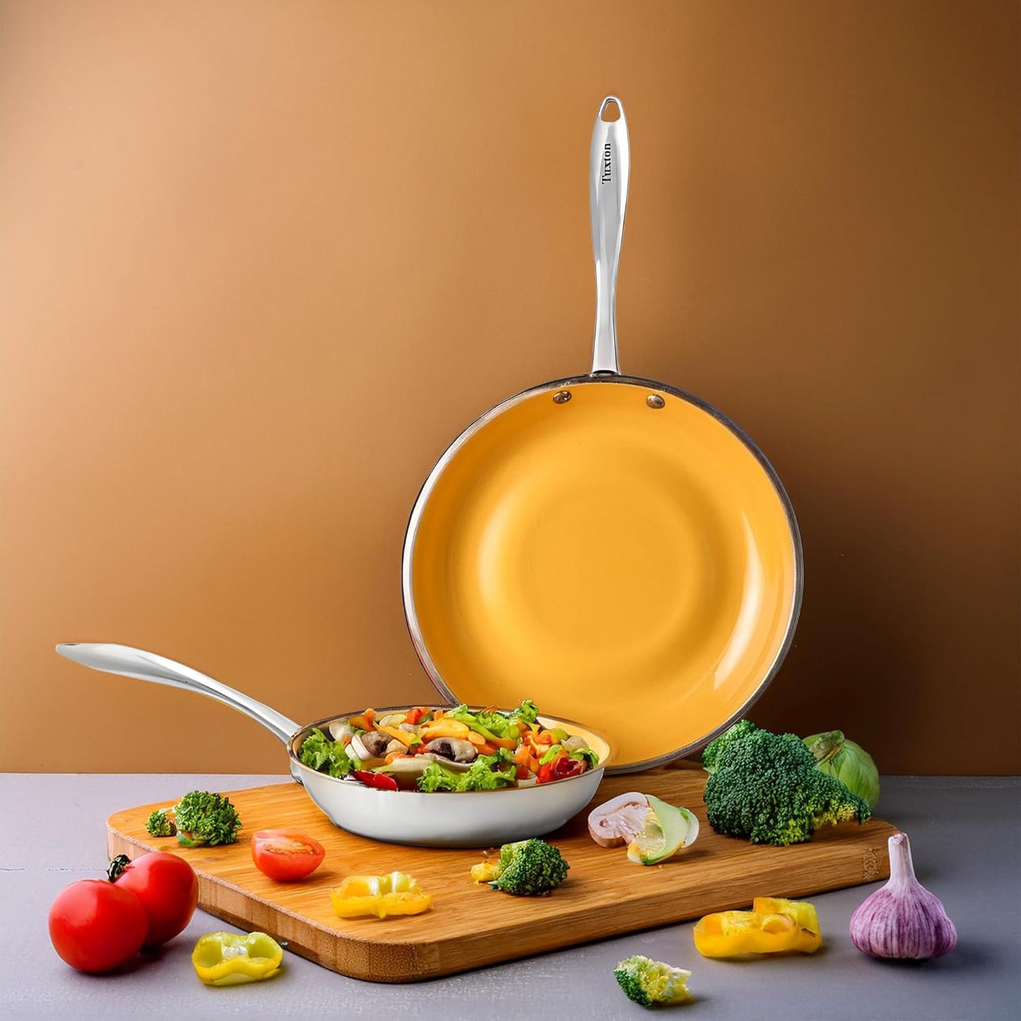 Non Stick Frying Pans - Concentrix 2-Piece Stainless Steel Pan Set - Stove & Oven Compatible 8-inch & 11-inch Ceramic Frying Pan with Riveted Handles - Saffron Yellow Nonstick Pan Set