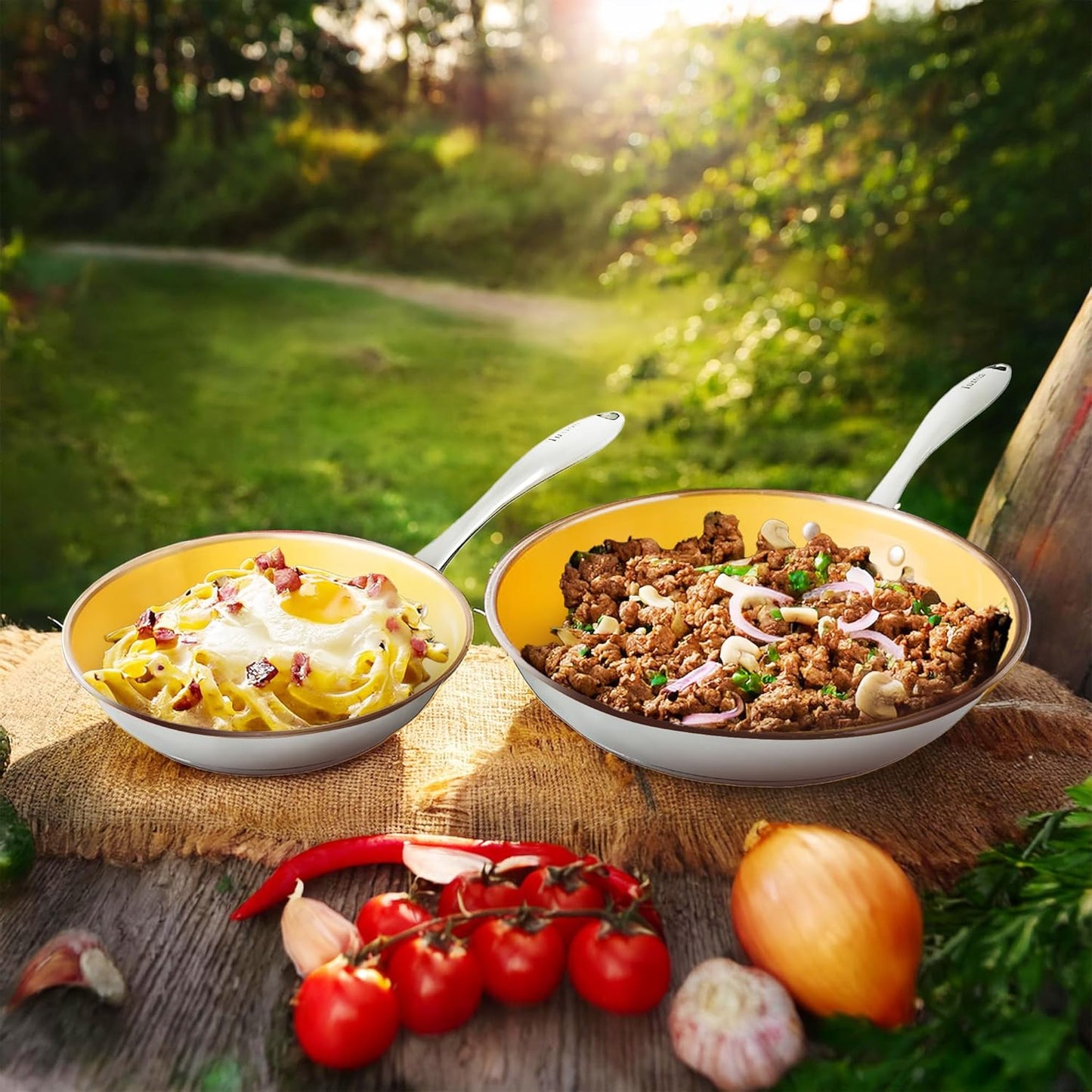 Non Stick Frying Pans - Concentrix 2-Piece Stainless Steel Pan Set - Stove & Oven Compatible 8-inch & 11-inch Ceramic Frying Pan with Riveted Handles - Saffron Yellow Nonstick Pan Set