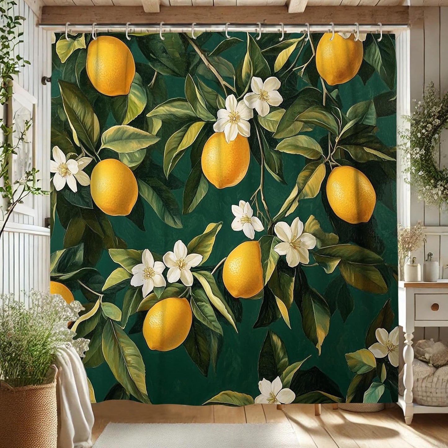 Lemon Shower Curtain, Vibrant Yellow Citrus Bath Curtain for Bathroom Decor, Summer Modern Tropical Style Waterproof Fabric Curtain Set with Hooks 62x72 Inch