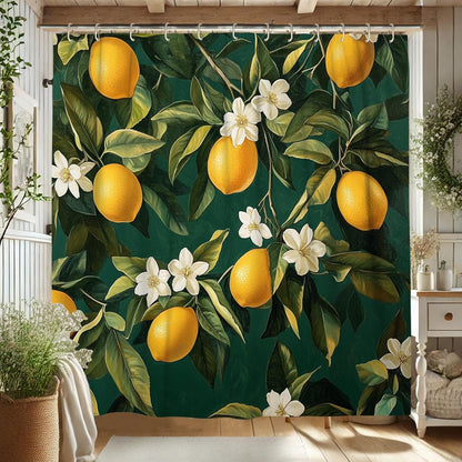 Lemon Shower Curtain, Vibrant Yellow Citrus Bath Curtain for Bathroom Decor, Summer Modern Tropical Style Waterproof Fabric Curtain Set with Hooks 62x72 Inch