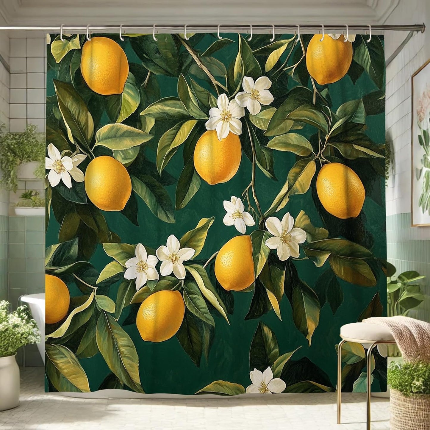 Lemon Shower Curtain, Vibrant Yellow Citrus Bath Curtain for Bathroom Decor, Summer Modern Tropical Style Waterproof Fabric Curtain Set with Hooks 62x72 Inch