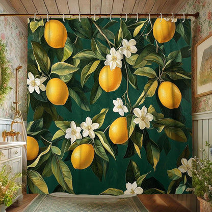 Lemon Shower Curtain, Vibrant Yellow Citrus Bath Curtain for Bathroom Decor, Summer Modern Tropical Style Waterproof Fabric Curtain Set with Hooks 62x72 Inch