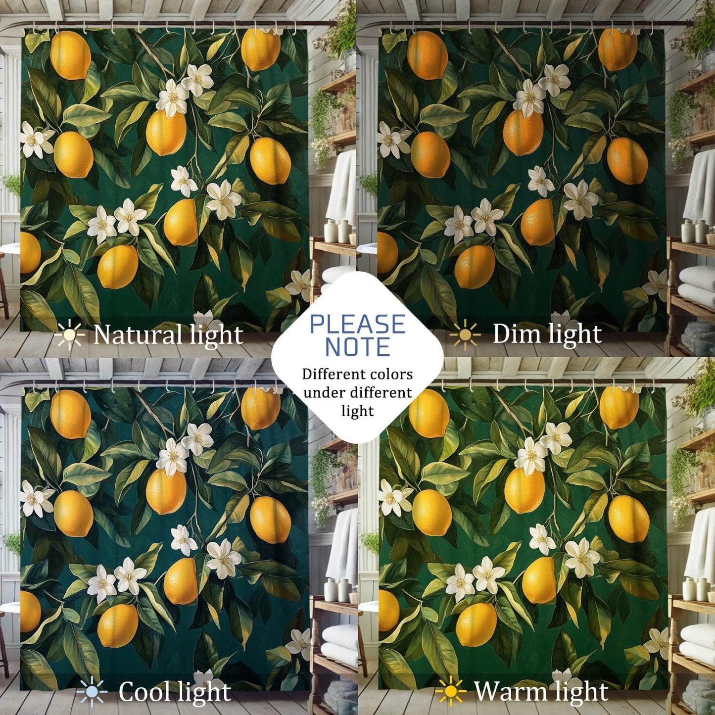 Lemon Shower Curtain, Vibrant Yellow Citrus Bath Curtain for Bathroom Decor, Summer Modern Tropical Style Waterproof Fabric Curtain Set with Hooks 62x72 Inch
