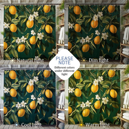 Lemon Shower Curtain, Vibrant Yellow Citrus Bath Curtain for Bathroom Decor, Summer Modern Tropical Style Waterproof Fabric Curtain Set with Hooks 62x72 Inch