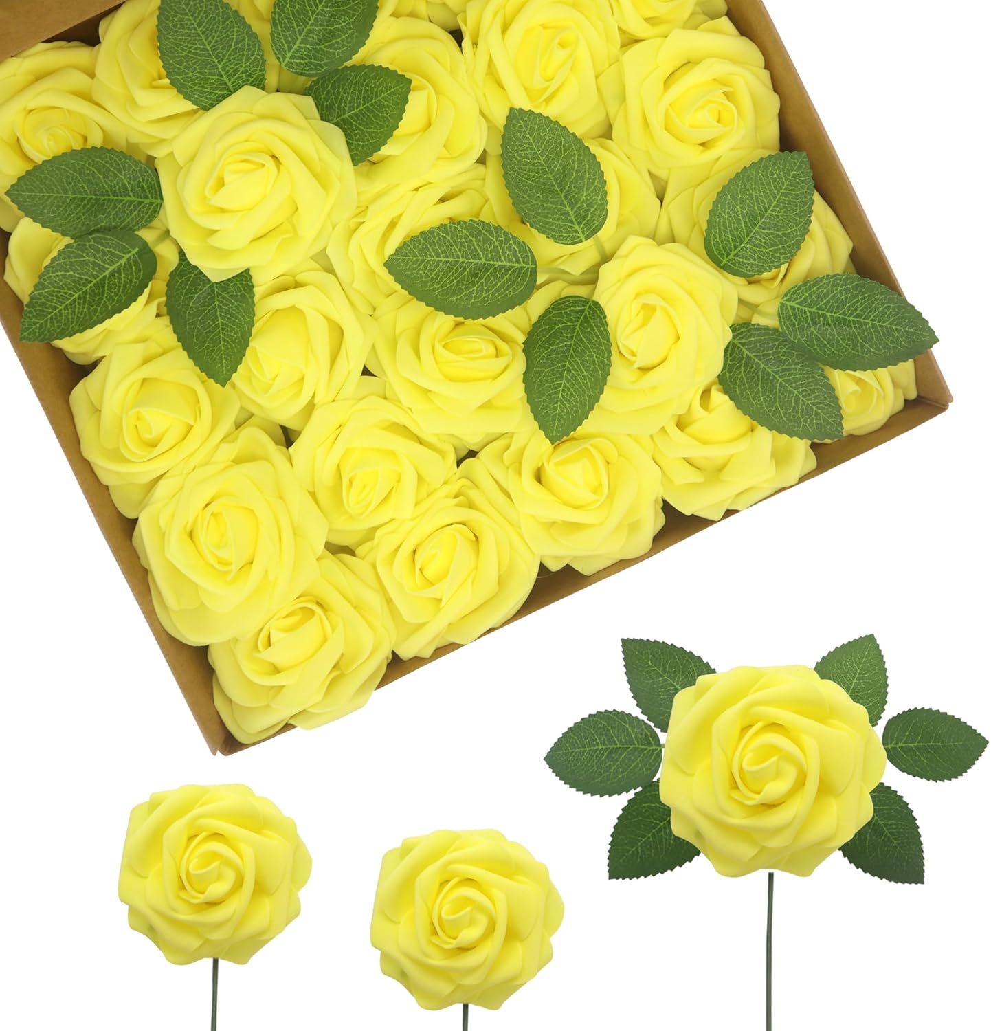 Artificial Flowers Realistic Roses, 25pcs Real Looking Fake Roses with Stem for DIY Wedding Bouquets Centerpieces Bridal Shower Party Home Romantic Decorations (Yellow)