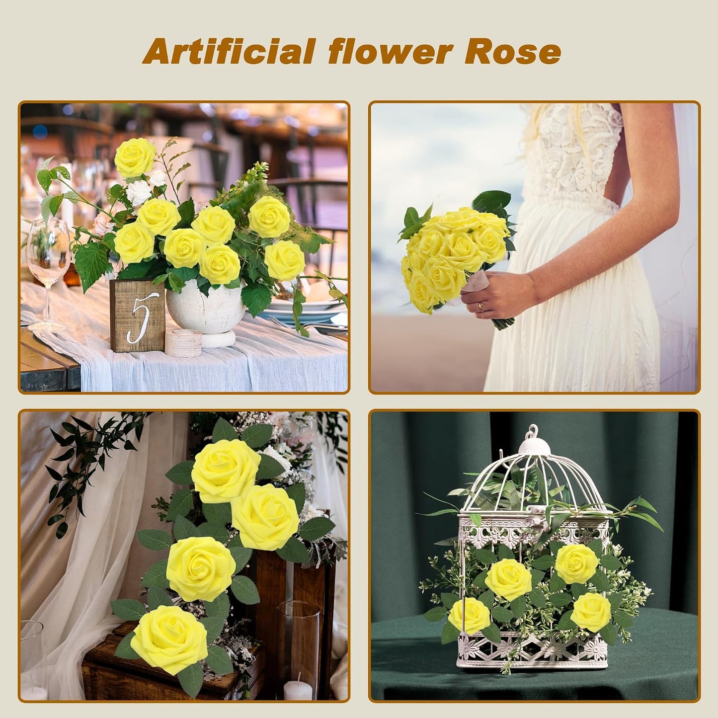 Artificial Flowers Realistic Roses, 25pcs Real Looking Fake Roses with Stem for DIY Wedding Bouquets Centerpieces Bridal Shower Party Home Romantic Decorations (Yellow)
