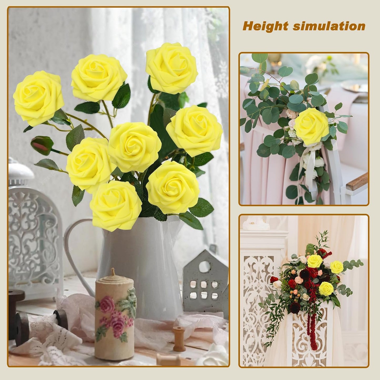 Artificial Flowers Realistic Roses, 25pcs Real Looking Fake Roses with Stem for DIY Wedding Bouquets Centerpieces Bridal Shower Party Home Romantic Decorations (Yellow)