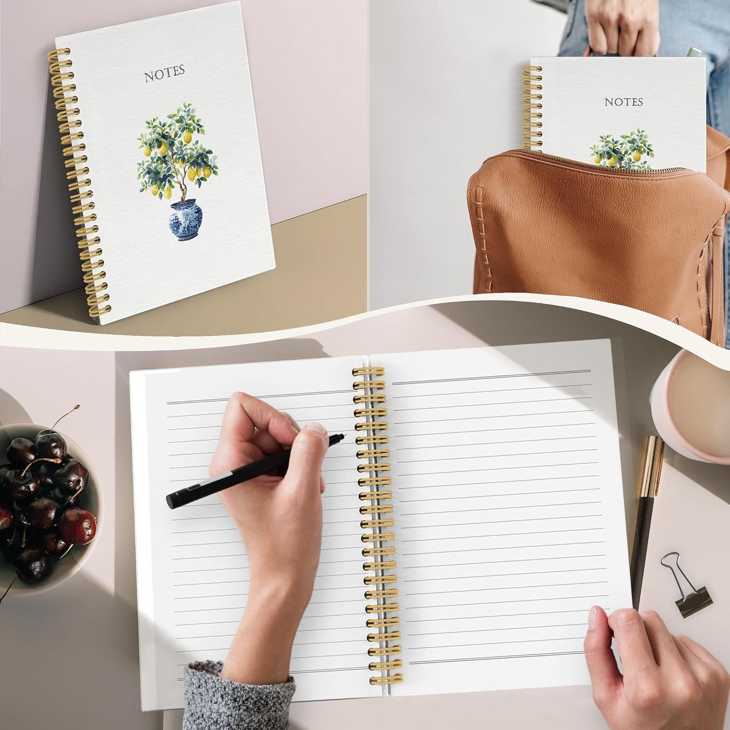 Chinoiserie Lemon Spiral Notebook Journal, Grandmillennial Fruit Notebooks for Note Taking, Lemon Themed Gifts for Women, Fruit Hardcover Spiral Journal 5.5x8.3 Inches
