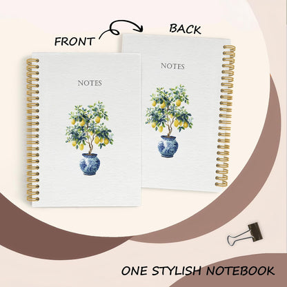 Chinoiserie Lemon Spiral Notebook Journal, Grandmillennial Fruit Notebooks for Note Taking, Lemon Themed Gifts for Women, Fruit Hardcover Spiral Journal 5.5x8.3 Inches