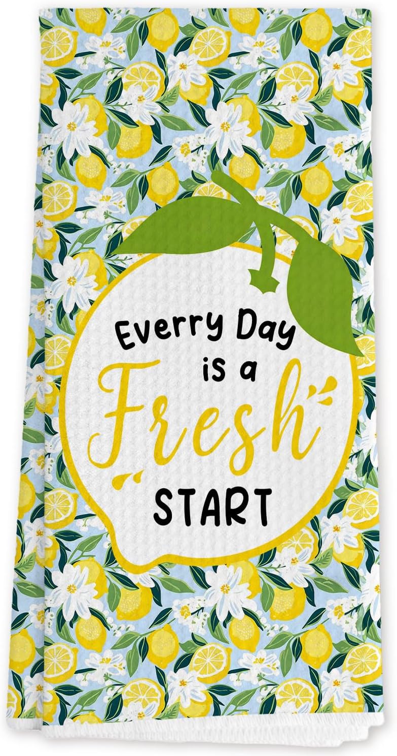 Inspirational Flower Lemon Kitchen Towels, Lemon Gifts for Women Decorative Hand Towels, Light Blue Floral Fresh Fruit Dish Tea Towel for Kitchen Decor, 16x24 Inch