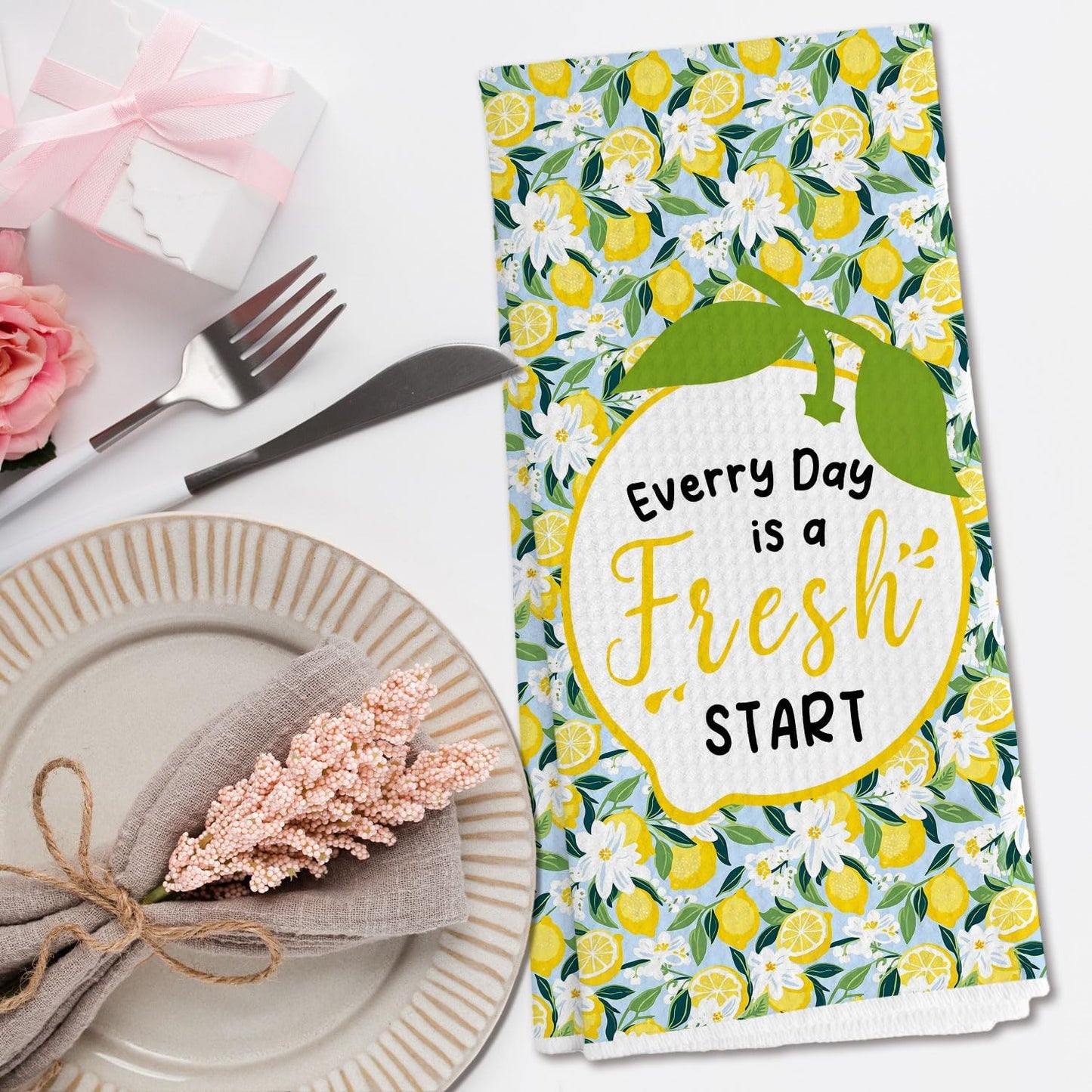 Inspirational Flower Lemon Kitchen Towels, Lemon Gifts for Women Decorative Hand Towels, Light Blue Floral Fresh Fruit Dish Tea Towel for Kitchen Decor, 16x24 Inch