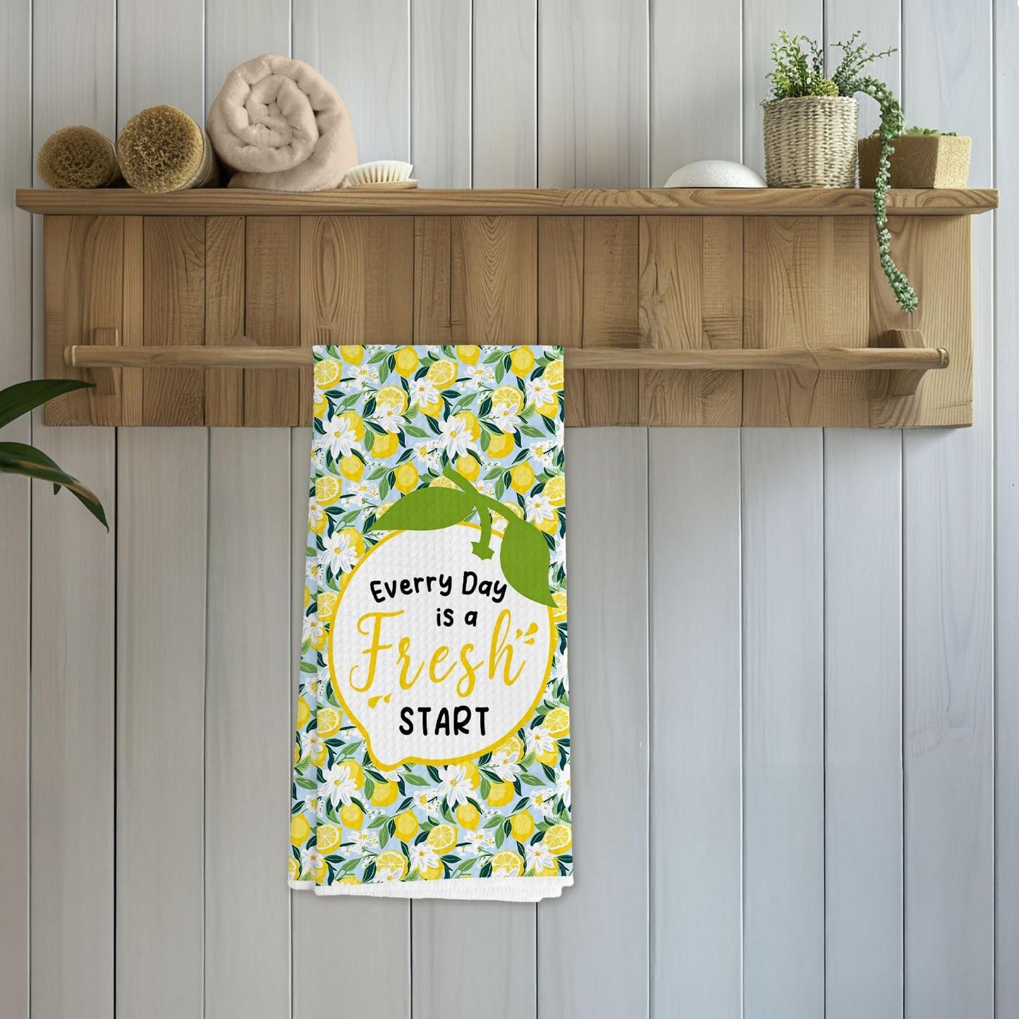 Inspirational Flower Lemon Kitchen Towels, Lemon Gifts for Women Decorative Hand Towels, Light Blue Floral Fresh Fruit Dish Tea Towel for Kitchen Decor, 16x24 Inch