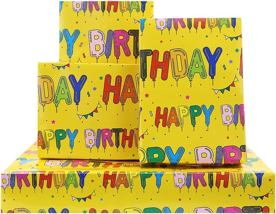 Yellow Happy Birthday Wrapping Paper Set of 6 Sheets Folded Flat 20x28 inches per sheet For Kids Girls Boys Men Women, Bright Color Happy Birthday Letter Like Balloons With Stars and Flags For all Birthday Occassions