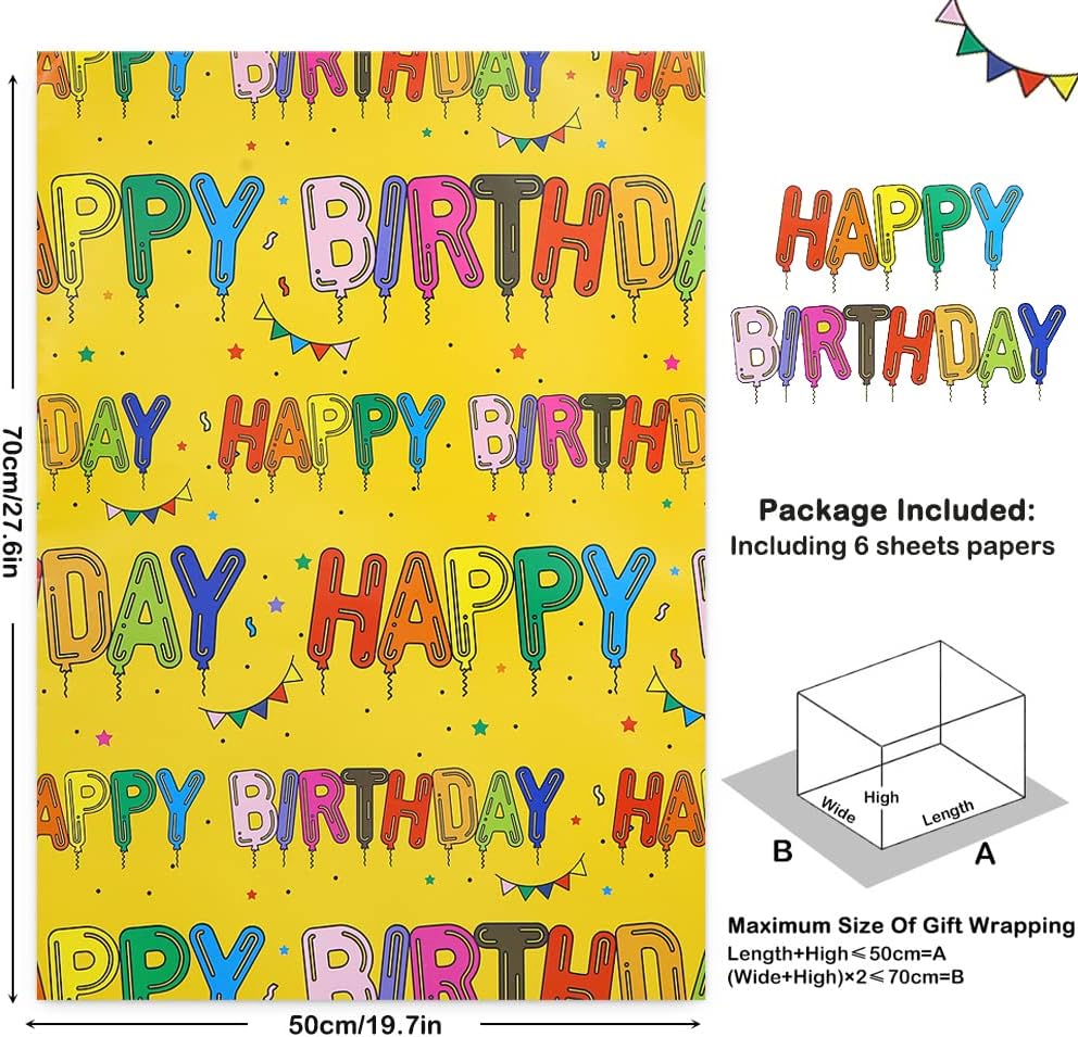 Yellow Happy Birthday Wrapping Paper Set of 6 Sheets Folded Flat 20x28 inches per sheet For Kids Girls Boys Men Women, Bright Color Happy Birthday Letter Like Balloons With Stars and Flags For all Birthday Occassions