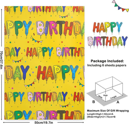 Yellow Happy Birthday Wrapping Paper Set of 6 Sheets Folded Flat 20x28 inches per sheet For Kids Girls Boys Men Women, Bright Color Happy Birthday Letter Like Balloons With Stars and Flags For all Birthday Occassions