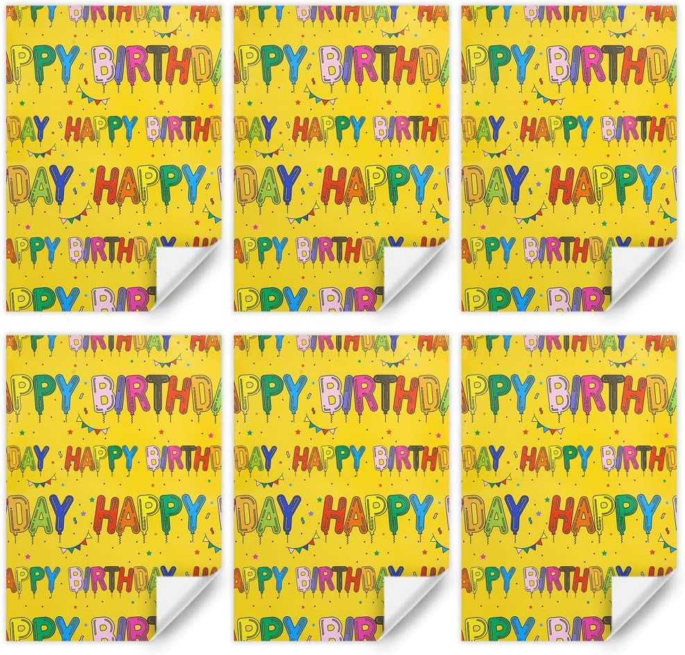 Yellow Happy Birthday Wrapping Paper Set of 6 Sheets Folded Flat 20x28 inches per sheet For Kids Girls Boys Men Women, Bright Color Happy Birthday Letter Like Balloons With Stars and Flags For all Birthday Occassions