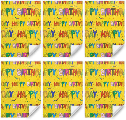 Yellow Happy Birthday Wrapping Paper Set of 6 Sheets Folded Flat 20x28 inches per sheet For Kids Girls Boys Men Women, Bright Color Happy Birthday Letter Like Balloons With Stars and Flags For all Birthday Occassions