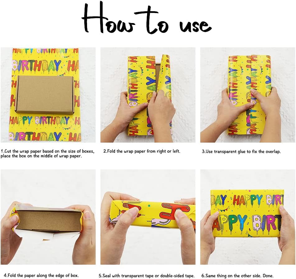 Yellow Happy Birthday Wrapping Paper Set of 6 Sheets Folded Flat 20x28 inches per sheet For Kids Girls Boys Men Women, Bright Color Happy Birthday Letter Like Balloons With Stars and Flags For all Birthday Occassions