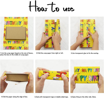 Yellow Happy Birthday Wrapping Paper Set of 6 Sheets Folded Flat 20x28 inches per sheet For Kids Girls Boys Men Women, Bright Color Happy Birthday Letter Like Balloons With Stars and Flags For all Birthday Occassions