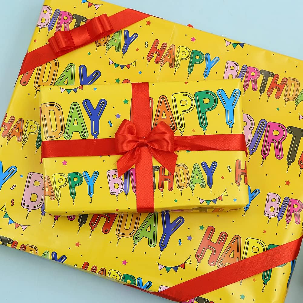 Yellow Happy Birthday Wrapping Paper Set of 6 Sheets Folded Flat 20x28 inches per sheet For Kids Girls Boys Men Women, Bright Color Happy Birthday Letter Like Balloons With Stars and Flags For all Birthday Occassions