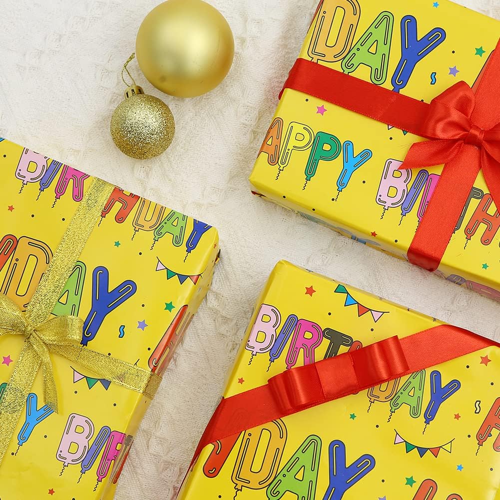 Yellow Happy Birthday Wrapping Paper Set of 6 Sheets Folded Flat 20x28 inches per sheet For Kids Girls Boys Men Women, Bright Color Happy Birthday Letter Like Balloons With Stars and Flags For all Birthday Occassions