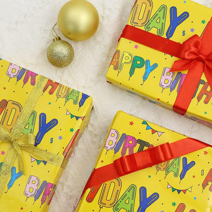 Yellow Happy Birthday Wrapping Paper Set of 6 Sheets Folded Flat 20x28 inches per sheet For Kids Girls Boys Men Women, Bright Color Happy Birthday Letter Like Balloons With Stars and Flags For all Birthday Occassions