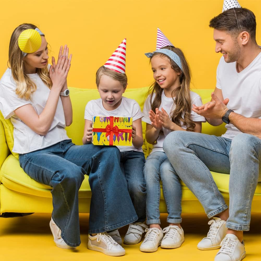 Yellow Happy Birthday Wrapping Paper Set of 6 Sheets Folded Flat 20x28 inches per sheet For Kids Girls Boys Men Women, Bright Color Happy Birthday Letter Like Balloons With Stars and Flags For all Birthday Occassions